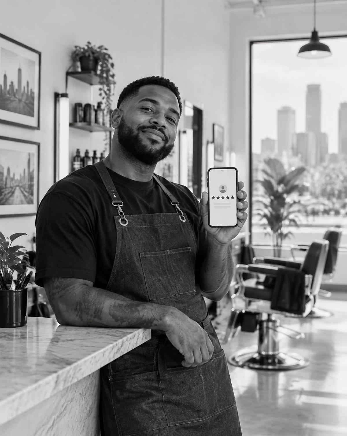 Houston barbershop owner showing a five-star customer review on his phone